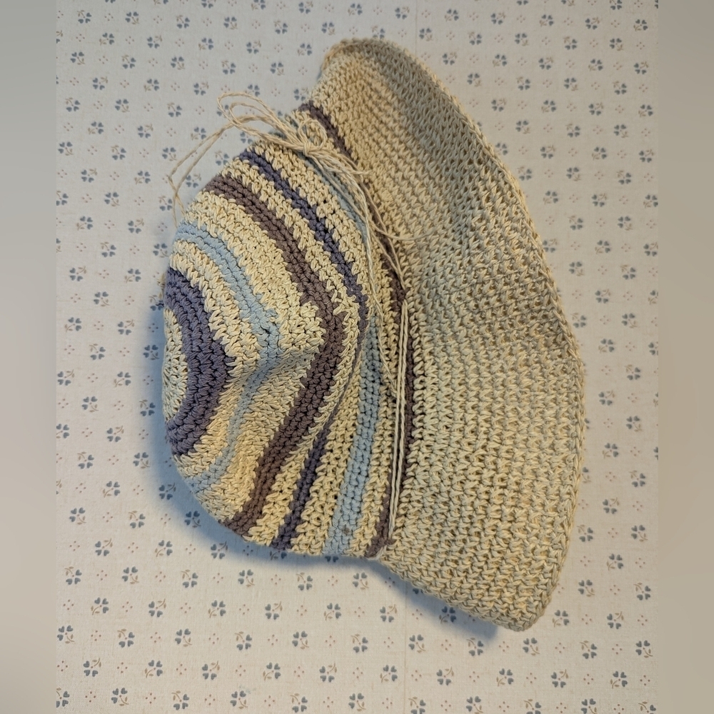 Bucket Hat 20" width muted colors, tan blue purple, rafia, pape…